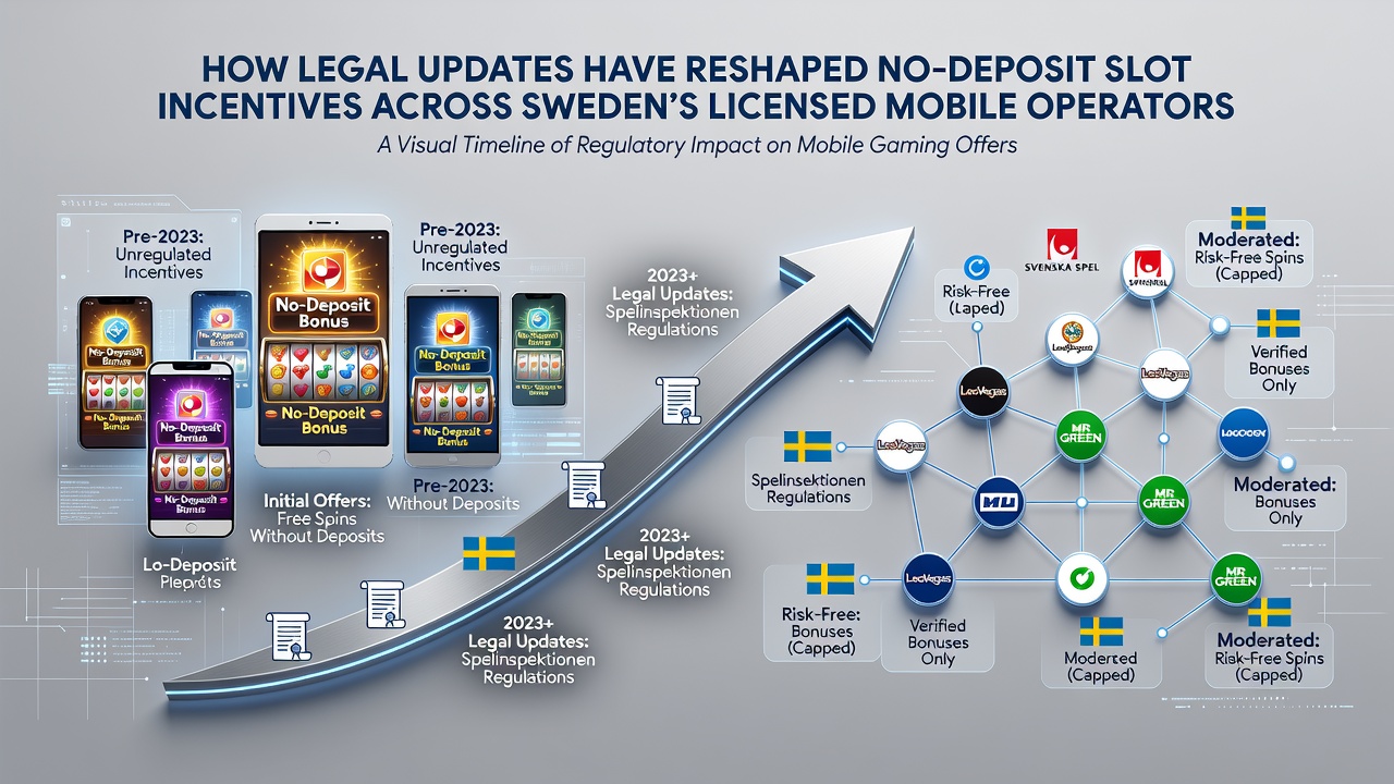 Mobile app interfaces showing adjusted no-deposit slot promotions under Swedish regulations